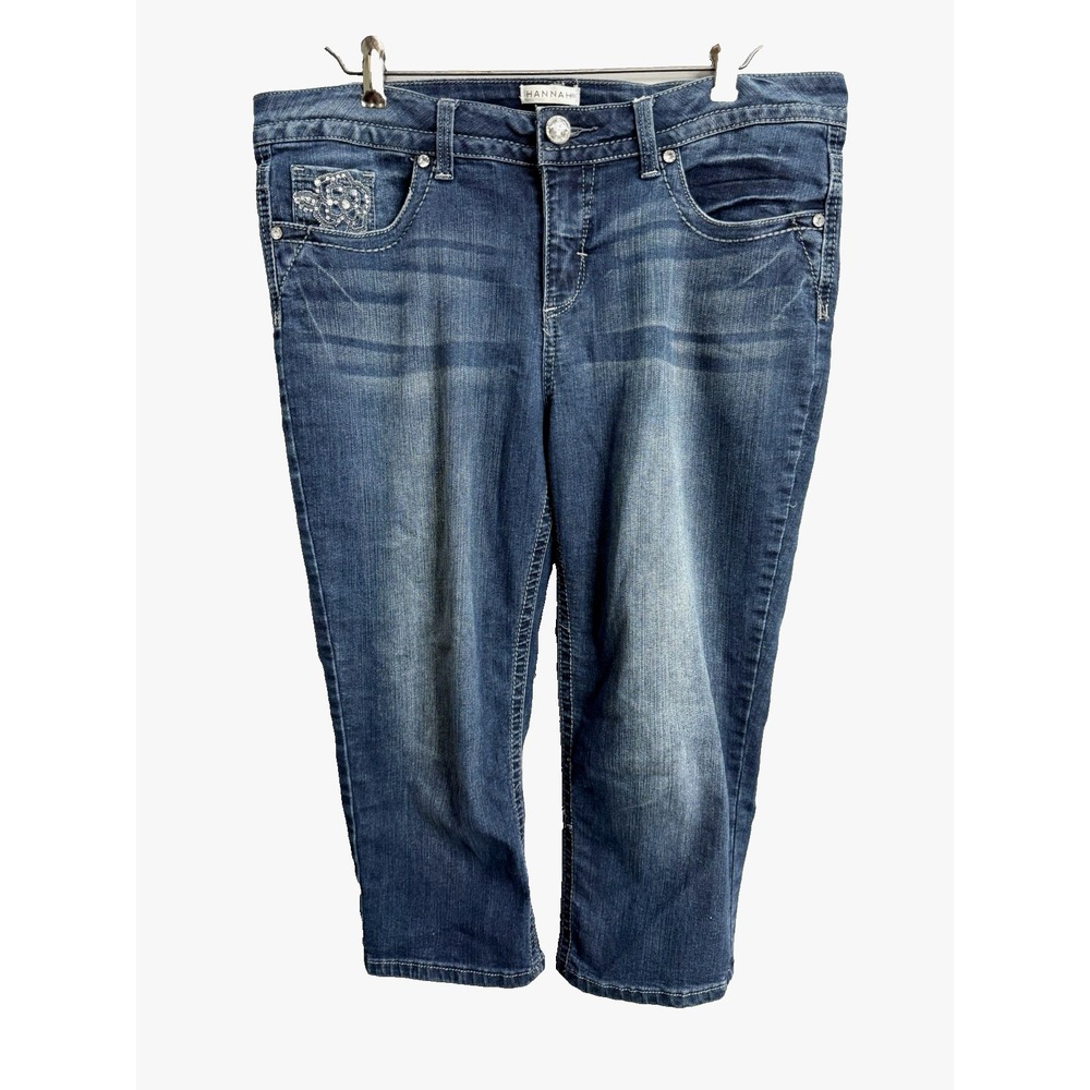 Hannah Women's Capri Jeans Sz 12 Blue Faded with Beaded Pockets Stretch